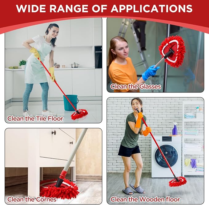 3 Pack Chenille Mop Heads Replacements Compatible with 1 Tank System Chenille Duster Replacement Heads Microfiber Spin Mop Refill Pads Reusable Dust Refills for Floor Cleaning (Red)