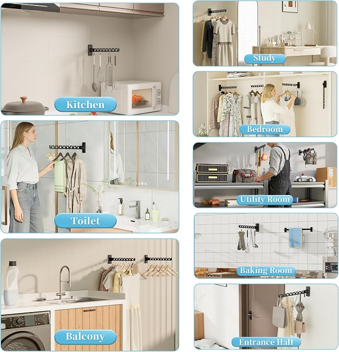 Alise Clothes Drying Rack Wall Mounted,Foldable Coat Hanger Black,1P | Hanger Rack Clothes Hook Closet Storage Organizer,Folding Space Saving Clothes Hanger Rack for Bedroom Bathroom Laundry