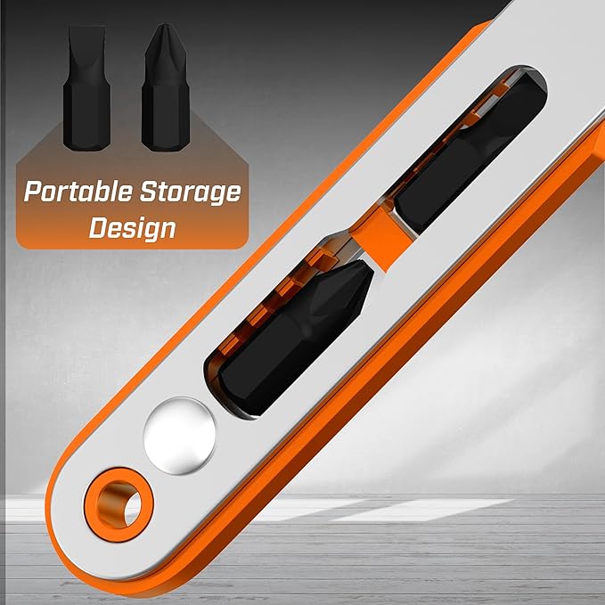 Bates- Mini Ratchet Wrench, 1/4" Magnetic 90 Degree Screwdriver, Orange, Low Profile Right Angle Screwdriver for Tight Spaces