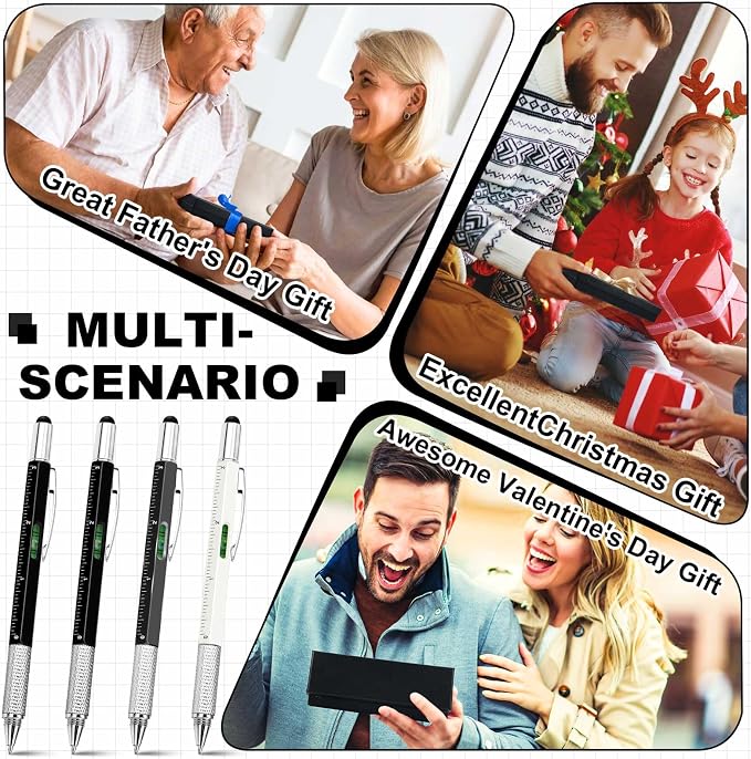 Zhanmai 16 Pcs 6 in 1 Multitool Pen Bulk Gift for Men Multi Tool Ballpoint Pen with Ruler Level Screwdriver Stylus Cool 40 Ink Refill Tool Gadget Birthday Christmas Stocking Stuffer (Black Gray White)