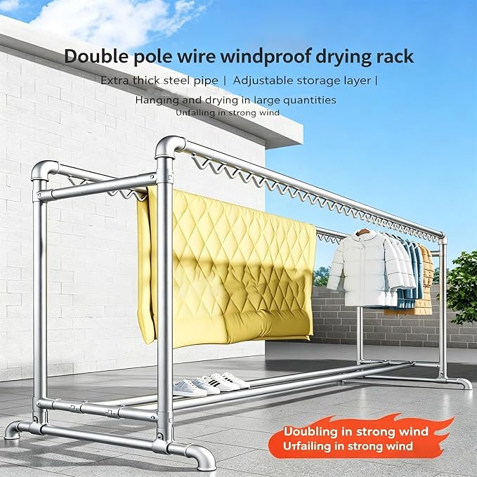 Heavy-Duty Stainless Steel Clothing Rack, Freestanding Drying Rack with Storage Shelves and Windproof Hooks, Multi-Purpose Garment Hanger Stand for Indoor and Outdoor Use.