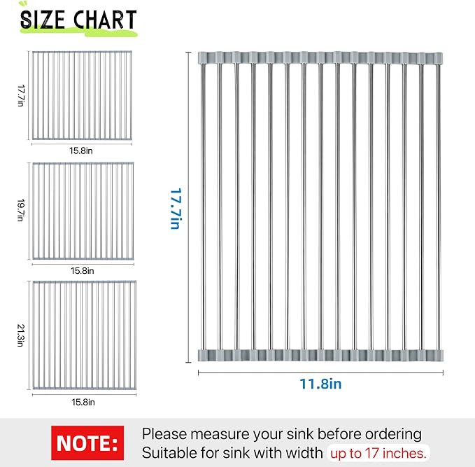 Roll Up Dish Drying Rack 17.7" x 11.8" Over The Sink Dish Drying Rack, Kitchen Dish Rack Stainless Steel Dish Drying Rack for Kitchen Sink Counter Storage (Grey)