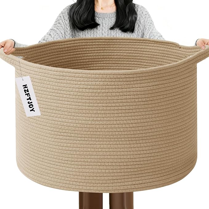 115L Extra Large Woven Cotton Rope Blanket Basket with Handles, Laundry Hamper Storage Bin for Pillows, Comforters,Clothes, Toys, Nursery, Bedroom and Living Room Organization,Camel
