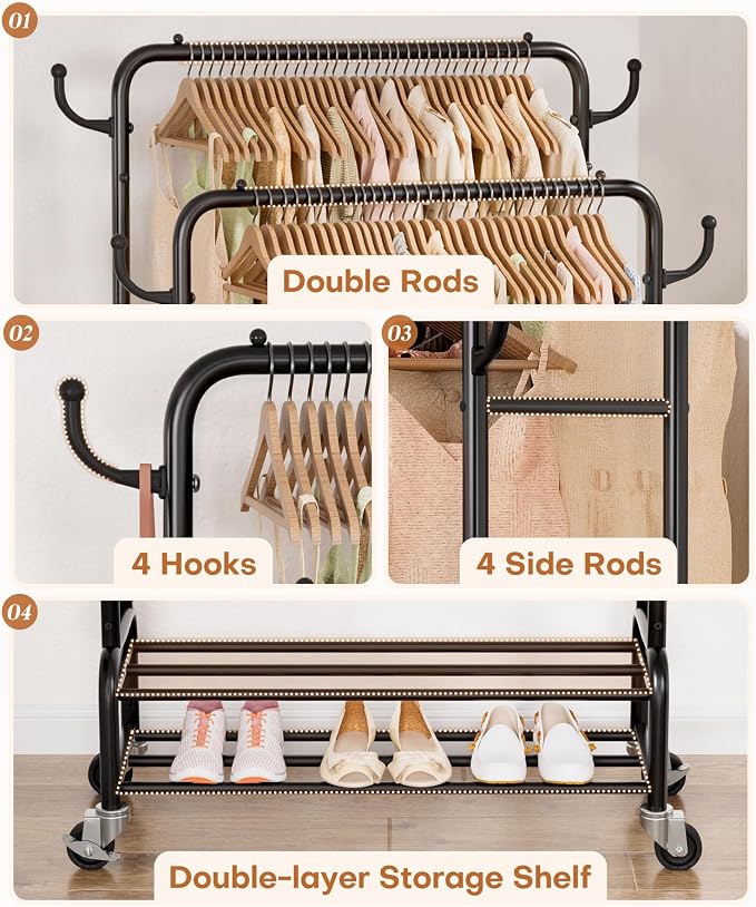 Homde Heavy Duty Clothes Rack: 265lb Rolling Double Rod Garment Hanging - Metal Coat Organizer Storage Display Shelf on Wheels for Bedroom Laundry