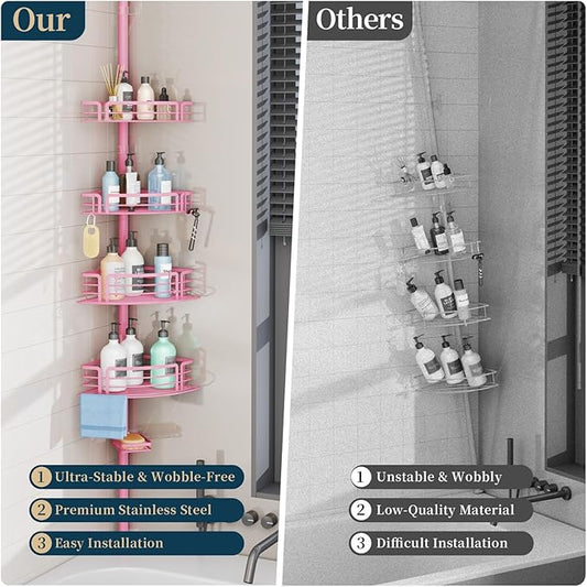 Consumest Corner Shower Caddy Tension Pole - Rustproof Shower Shelves with Towel Bar & Soap Holder, Adjustable Bath Organizer for Bathroom Storage, 27.6-108.3 inch, Pink