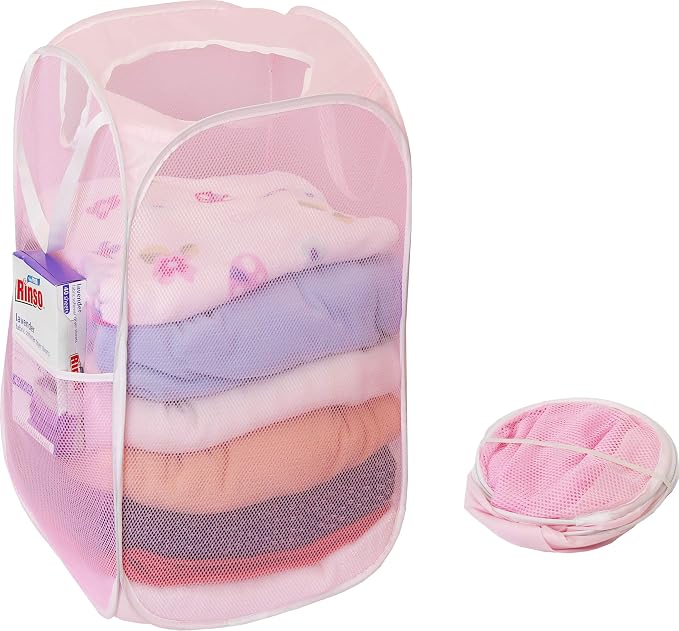 Simple Houseware Mesh Pop-Up Laundry Hamper with Side Pocket, 2 Pack, Pink