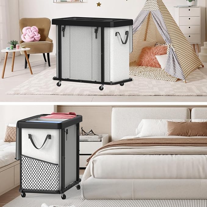 Laundry Basket with Wheels, 230L(60Gal) Laundry Sorter 3 Section - Beige | Leather Patchwork Laundry Hamper, Sturdy Metal Frame, Removable Washable Bag, Tall Clothes Sorter for Bedroom