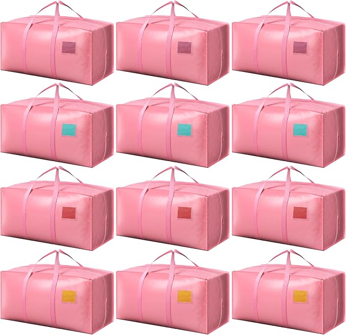 12 Pack Moving Bags with Full-Open Side Zipper, Extra Large 93L Heavy Duty Waterproof Foldable Storage Totes for College Dorm, Moving & Home Organization Pink