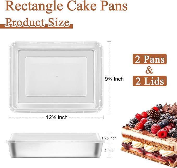 LIANYU Stainless Steel Rectangular Baking Pan, 12⅓ x 9¾ x 2 Inch Commercial Cake Pan with Lid Set of 4, Metal Lasagna Brownie Bakeware Set, Healthy & Dishwasher Safe (4 Pan +4 Lid)