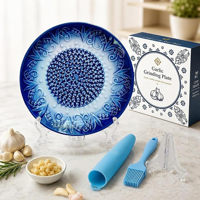 Ceramic Garlic Grater Plate Set with Rack & Cleaning Brush (Blue)