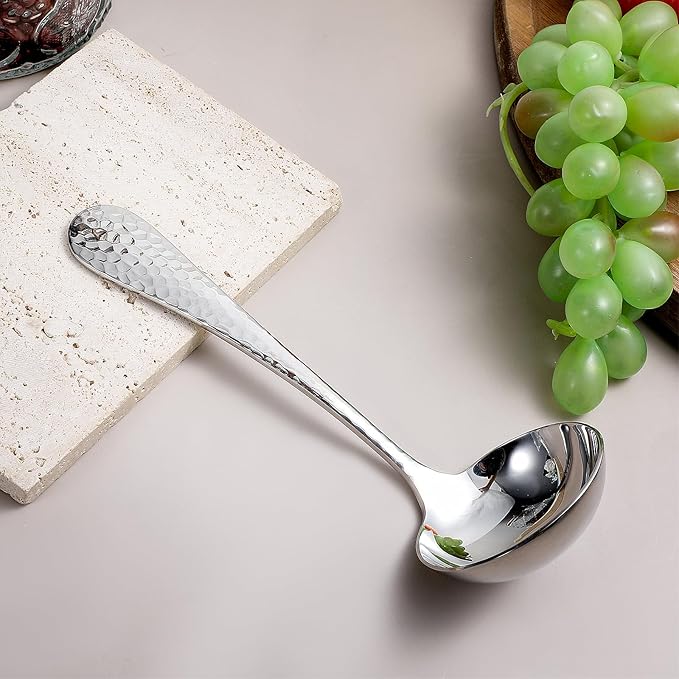 7.09 Inch Small Ladle Premium Stainless Steel Hammered Gravy Ladle Rustproof Kitchen Utensil for Serving Soup Sauces Gravies Chili Stew and More Elegance Functionality (Silver)
