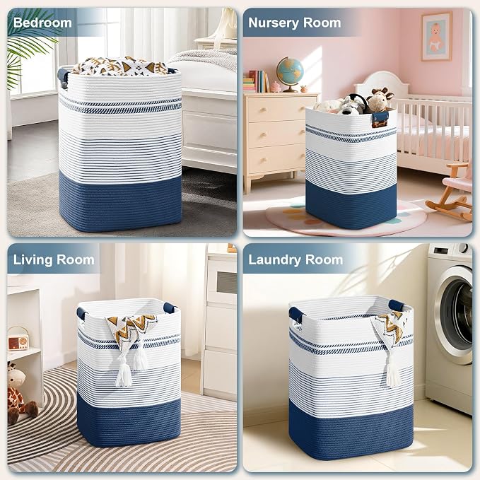 Laundry Hamper, 75L Tall Laundry Basket with Leather Handles, Rectangle Large Clothes Hamper for Organizing, Cotton Woven Laundry Baskets Storage Hampers for Bedroom, Nursery, Living Room