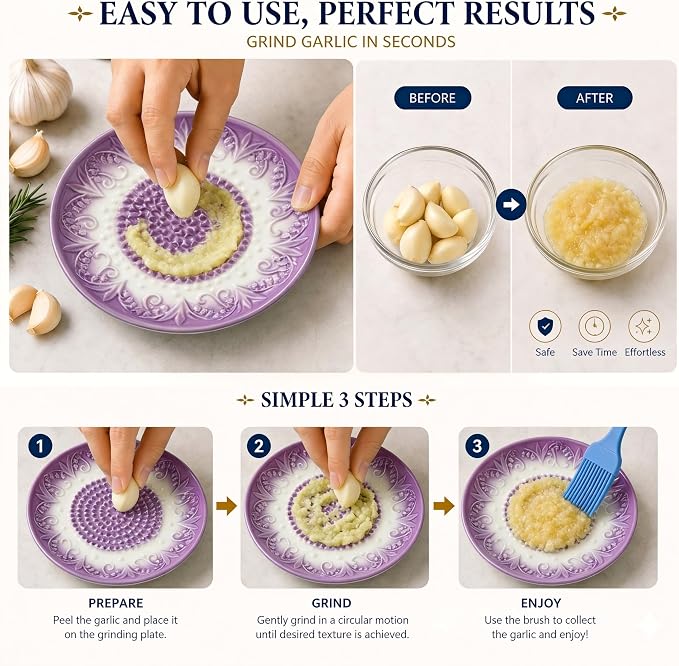 Ceramic Garlic Grater Plate Set with Rack & Cleaning Brush(Purple) | Textured ceramic surface grates garlic, ginger and tomatoes quickly; includes rack, brush and peeler for easy kitchen use