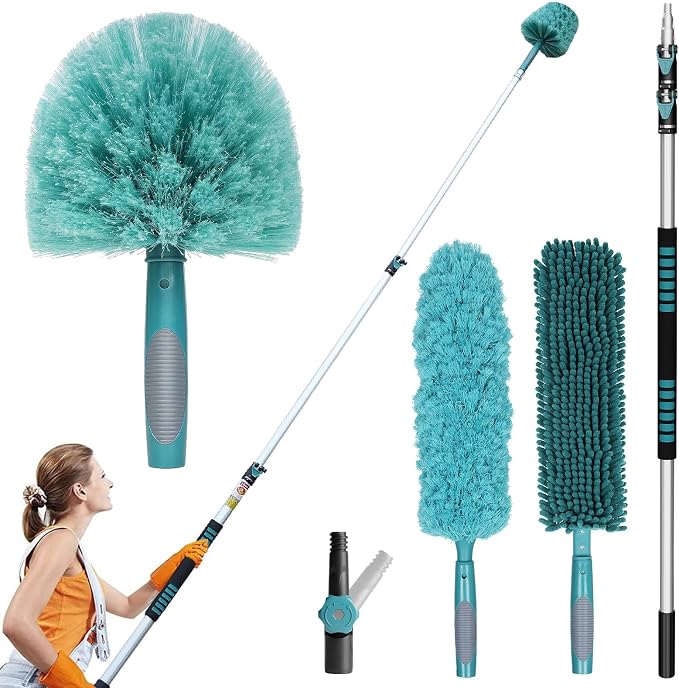 TelesPro 20 Foot High-Reach Duster Kit with 5-12FT Extendable Pole - High Ceiling Duster Cleaning Kit with Telescopic Pole,Cobweb Duster, Chenille Ceiling Fan Duster, Microfiber Feather Duster