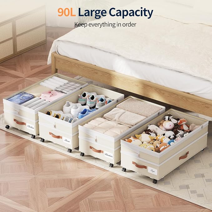 Yecaye Under Bed Storage with Wheels, 8 in-11 in Height Adjustable Under Bed Storage Containers, 90 L Under Bed Shoe Storage with Lids & Label, Rolling Underbed Storage bins for Clothes, Beige