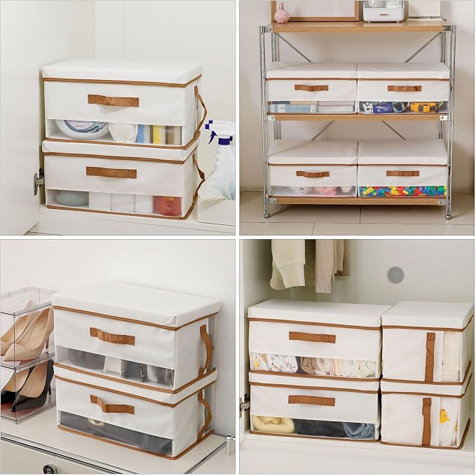 Closet Organizer and Storage, Large Oxford Fabric Storage Bins with Lid and Handle, Foldable and Stackable Baskets for Clothes, Towels, Nursery, Toys, Beige, 6 Pack