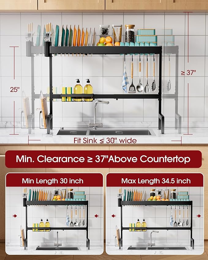 Sakugi 2-Tier Dish Drying Rack Over The Sink, Expandable for Counter | Rustproof Stainless Steel Kitchen Storage Accessories, Space-Saving 30"–34.5"Lx12"Wx25"H, Black