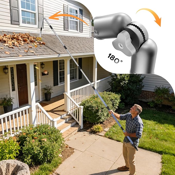 13ft Gutter Cleaning Tools from Ground, No Ladder Needed, 3-in-1 Gutter Cleaner Pole with Replaceable Brush Shovel Scraper, 180° Adjustable Angle for Leaves & Debris Cleaning with Grip Tapes