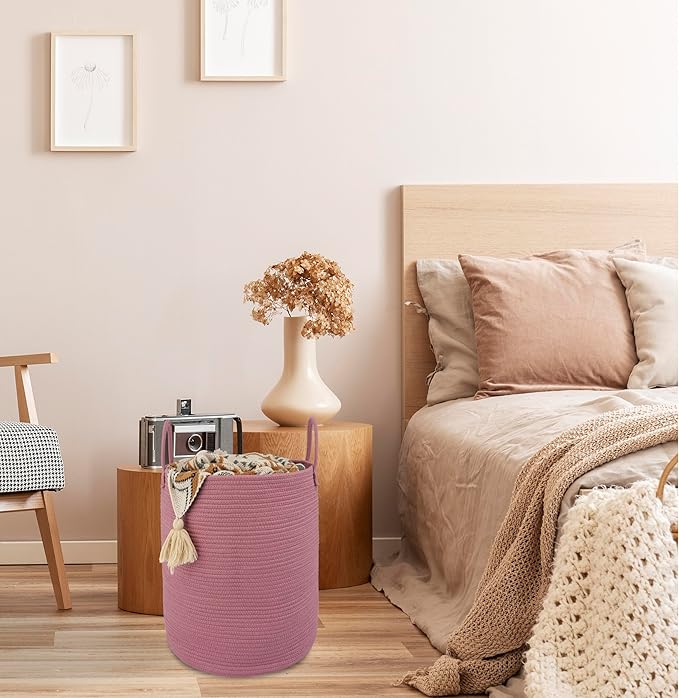 XUANGUO Cotton Rope Laundry Basket Hamper for Clothes, grape purple | Woven Storage Basket for Living Room Bedroom Boho Tall Rope Baskets for Blanket Toys Pillow Towels Baby Nursery Hamper Bin