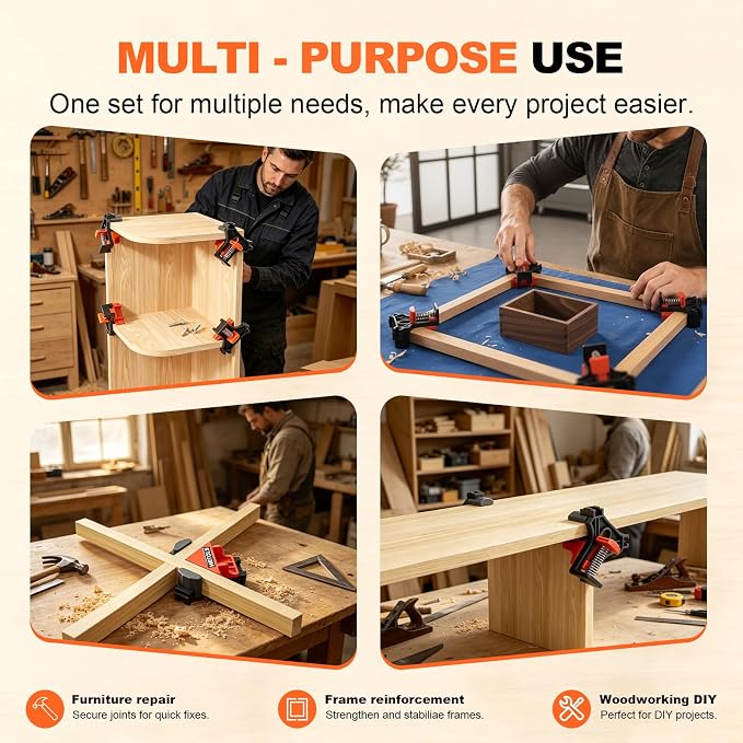WETOLS 90 Degree Corner Clamp Set, 4 Pcs Adjustable Clamps for Woodworking | 4-Piece Set, 90° Corner Clamps, Fits 3/16"-3/4" Wood, Strong Spring, Easy One-Hand Operation, Durable Polyamide, Gift Box