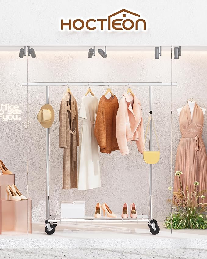 Hoctieon 1-Minute Assembly Clothes Rack, 480 lbs Heavy Duty Rolling Clothing Racks with Wheels, Foldable Garment Rack, Extendable Hanging Bar, Adjustable Metal Pole with Hooks, Chrome