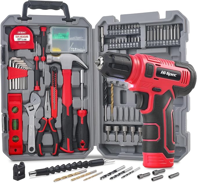 Hi-Spec Tool Set with 8V Cordless Drill Set Home Repair & Maintenance | Complete DIY Tool Kit, USB Rechargeable Electric Drill Driver, Women and Men Tool Kit, Home Repair & Maintenance, Compact