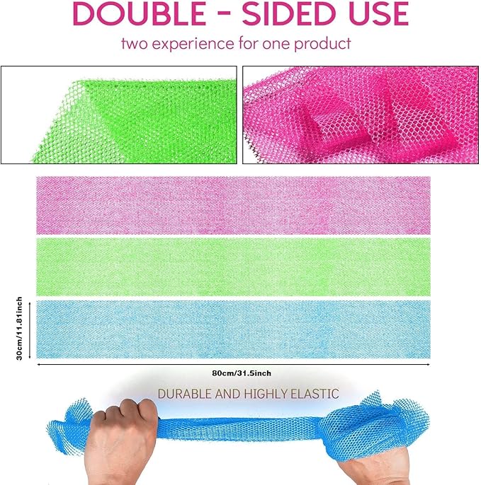 UJFQBH 3 Pieces African Bath Sponge African Net Long Net Bath Sponge Exfoliating Shower Body Scrubber Back Scrubber Skin Smoother,Great for Daily Use (Rose Red, Blue, Green)