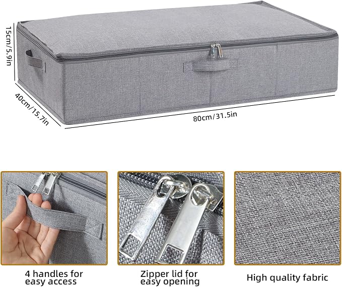 Under Bed Storage Container,Grey,31.5x15.7x5.9 Inch,2 Pack | Underbed Storage Organizers, Foldable Clothes Container,Clothes Bins with Lid and Handles for Blanket,Pillows,Shoes