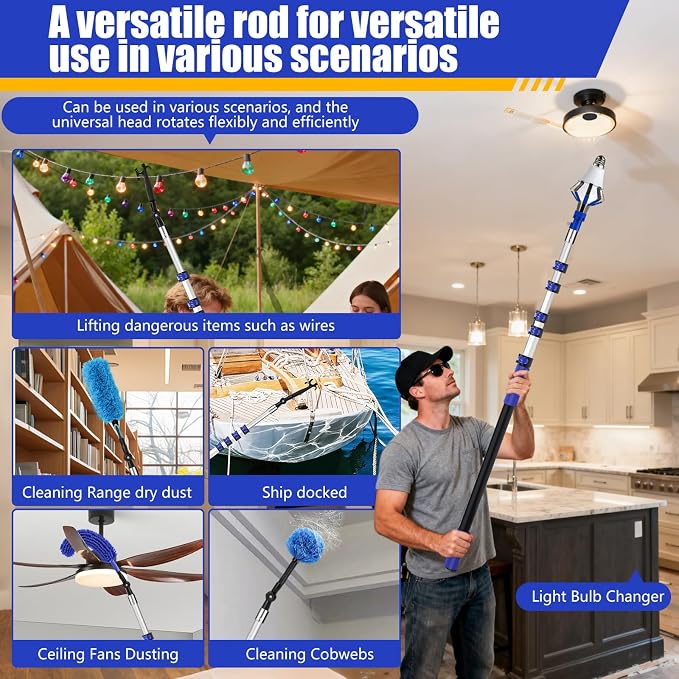 30FT High Ceilings Cobweb Dusters for Cleaning Kit with Extension Pole | Telescoping Lightbulb Changer,Spider Web Brush Extendable Duster,Ceiling Fan Cleaner and Window Squeegee Cleaning