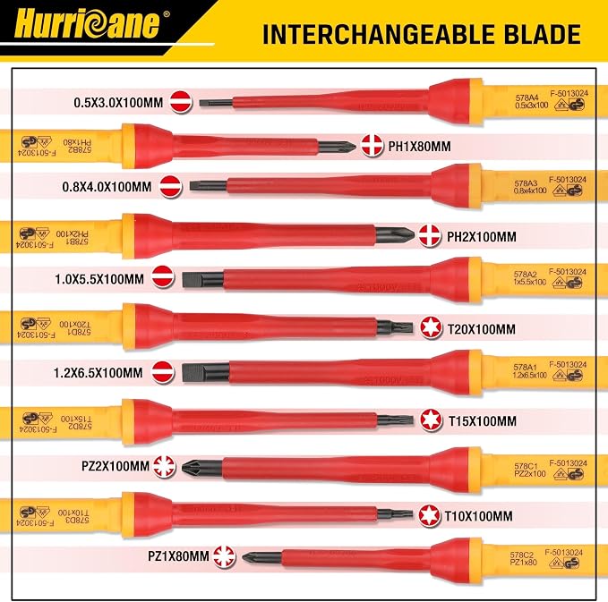 HURRICANE 13 Piece 1000V Insulated Electrician Screwdriver Set, Cr-V Magnetic Tip. 4 slotted, 2 Phillips, 2 Pozidriv, 3 Torx, 1 Electroprobe, and 1 handle. Ideal for Professional & Home Repair