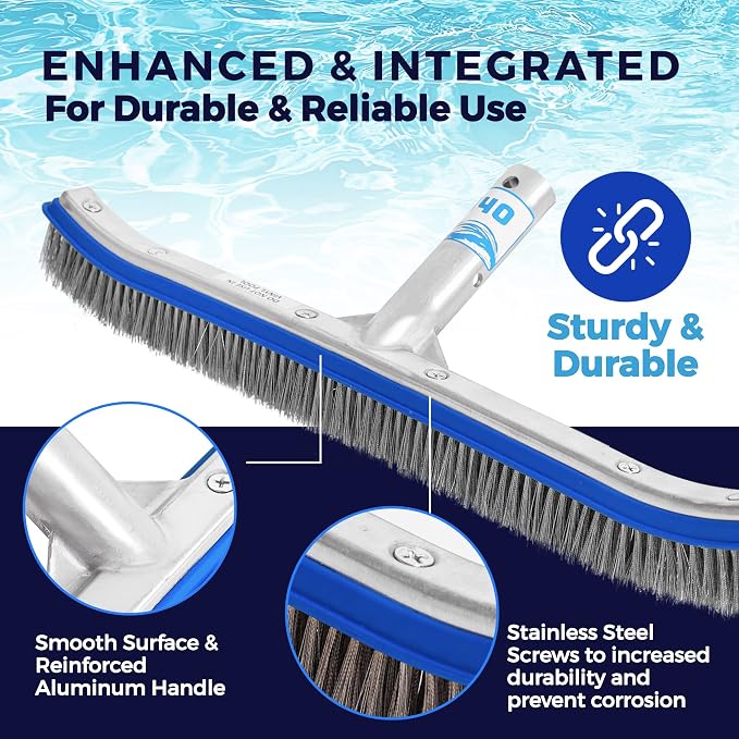40 Heavy Duty Pool Brush - 18-inch Extra-Wide Metal Brush Head with Stainless Steel Wire Bristles & Curved Edges for Cleaning Pool Tiles, Walls, Floor, Steps - No use in Vinyl Liner-Fiberglass Pool