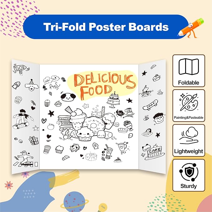 4 Pcs Trifold Poster Board, 21.5x14 inches Small White Poster Board Comes with Sticky Accessories, Corrugated Presentation Boards, Display Board for School Projects, Business Presentations