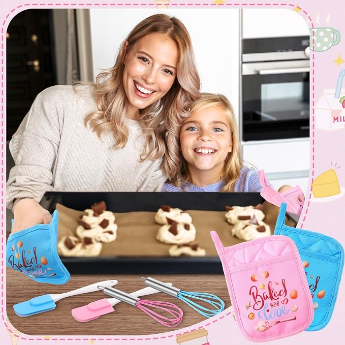 RoundFunny 24 Pcs Kids Mini Baking Supplies with Kitchen Utensil, Pot Holders, Spatula, Rolling Pin, Whisk for Kids Classroom School Exchange Party Favors (Small)