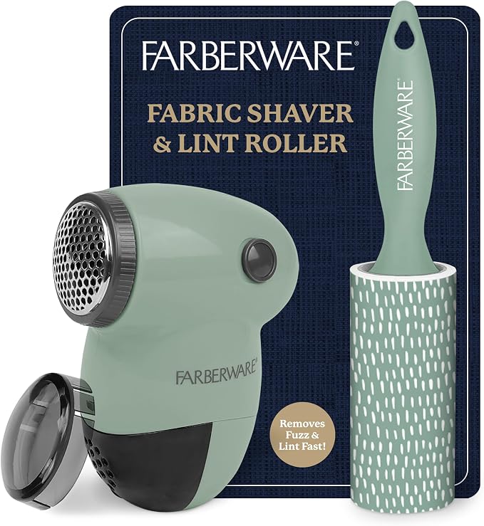 Farberware Fabric Shaver & Lint Roller Set, Small, Portable | Sticky sheets lift pet hair and dust, triple-blade design restores fabrics to like-new condition, for clothing and bedding