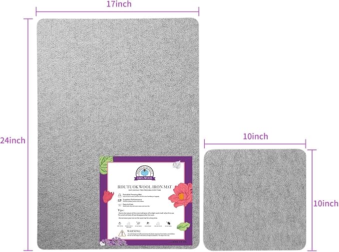 Rdutuok 17" X 24" and 10" X 10" Wool Pressing Mat 100% New Zealand Felted Wool Ironing Mat Pad Quilting Wooly Felted Iron Board for Quilter, Sewing, Quilting Supplies