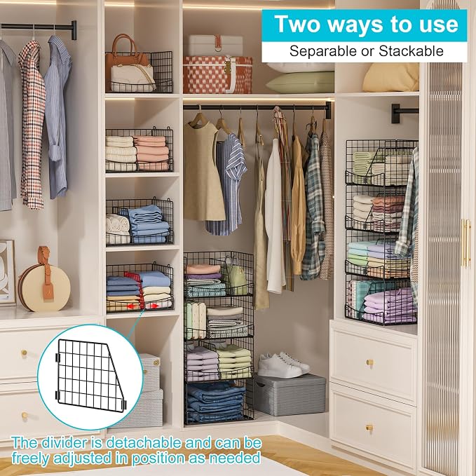 Hongtamoya 4-Tier Closet Organizers and Storage Basket with Divider, Foldable Closet Shelf Organizer System, Space-Saving Clothes Storage Drawer Organizer Bins for Wardrobe Cupboard, Black