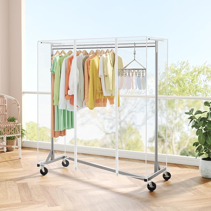 Hoctieon Z Clothes Rack with Cover, Metal Heavy Duty Clothing Rack, Rolling Garment Rack with Wheels, with Dustproof Cover Waterproof Protector, with 2 Durable Zippers, for Hanging Clothes, Grey