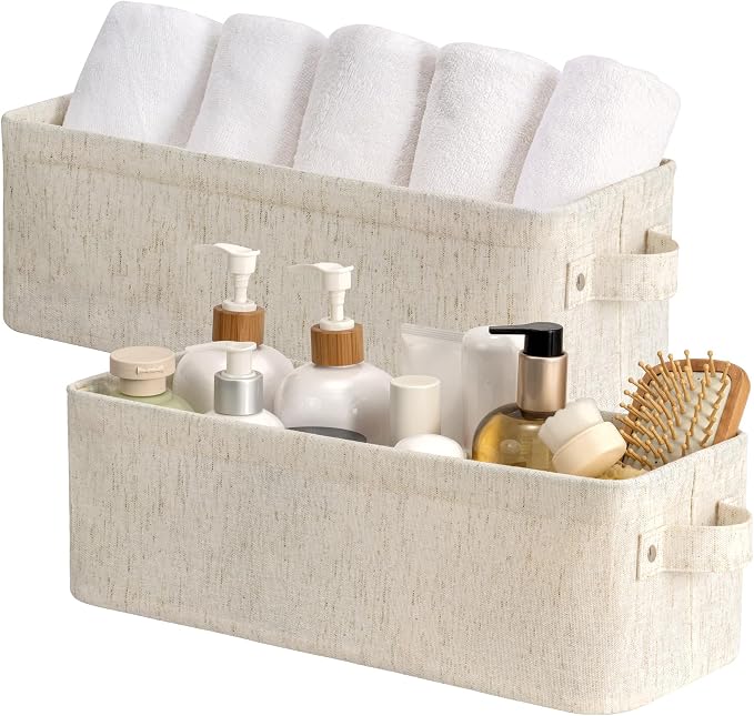 StorageWorks Narrow Storage Bins, Small Basket for Closet and Shelves, Fabric Organizer with Handles, Toilet Paper Storage, Beige, Cotton Linen, 2-Pack