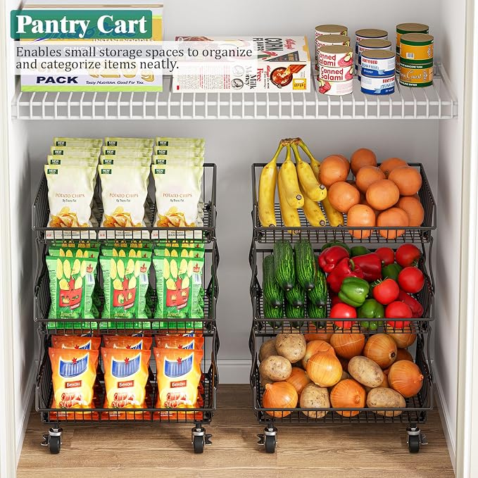 Giwil 3-Tier Rolling Pantry Organizers Fruit Vegetable Storage Basket Cart | 23.62"H under pantry shelf, metal frame, extra standing feet, kitchen produce wire basket for snack fruit onion potato, black