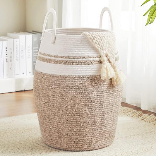 Extra Large Laundry Hamper Basket 105L Woven Blanket Basket, Brown & White | Tall Clothes Hamper, Rope Wicker Laundry Basket, Storage Basket for Toys, Dirty Cothes in Bedroom, Living Room Organizer