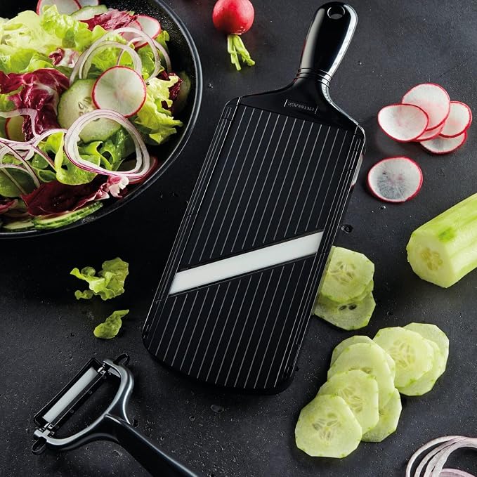 Kyocera Advanced Ceramic Double-edged Mandolin Slicer With Guard, Black, 4.6"x12.7"x0.4" | KYOCERA Double-Edged Mandoline Slicer: 3.5" Ceramic Blade for Fast, Two-Way 1.5mm Slicing with Safety Handguard Included