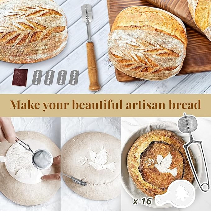 BAVIFY Sourdough Starter Kit, Banneton Bread Proofing Baskets Set, Sourdough Bread Baking Supplies Making Tools with Dough Scraper, Whisk, Bread Lame, Recipe, 2 Round Gift Set