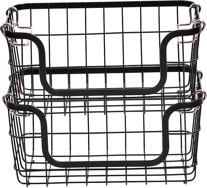 Amazon Basics Stackable Metal Wire Rectangular Storage Baskets for Kitchen, Bathroom or Pantry Organizing, 2 Count, Black (Pack of 4)