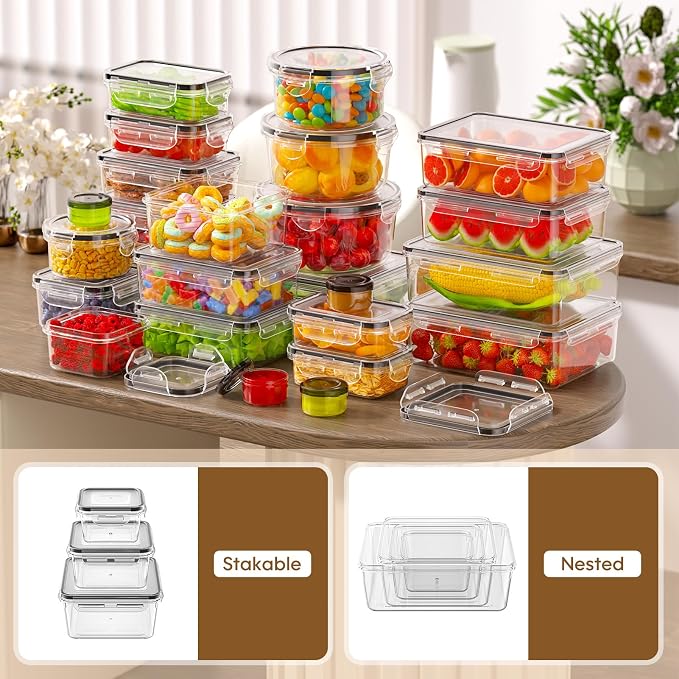 KEMETHY 50 PCS Food Storage Containers with Airtight Lids, BPA-Free | Meal prep / Dishwasher safe / Microwave safe / Assorted sizes / Stackable / Labels / Leakproof