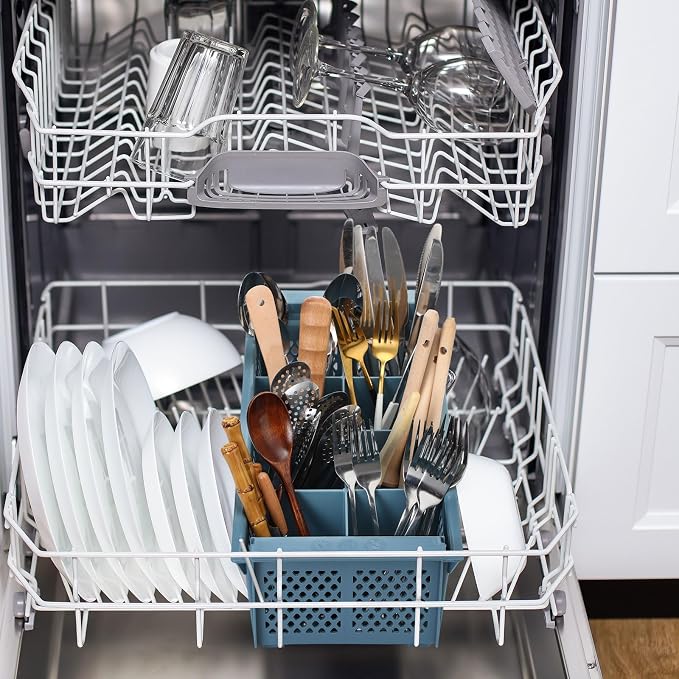 Maxdot 16inch Dishwasher Silverware Cutlery Basket 8 Compartments Washing Basket with Handle Utensil Holder Silverware Drying Rack for Kitchen Commercial (Blue)