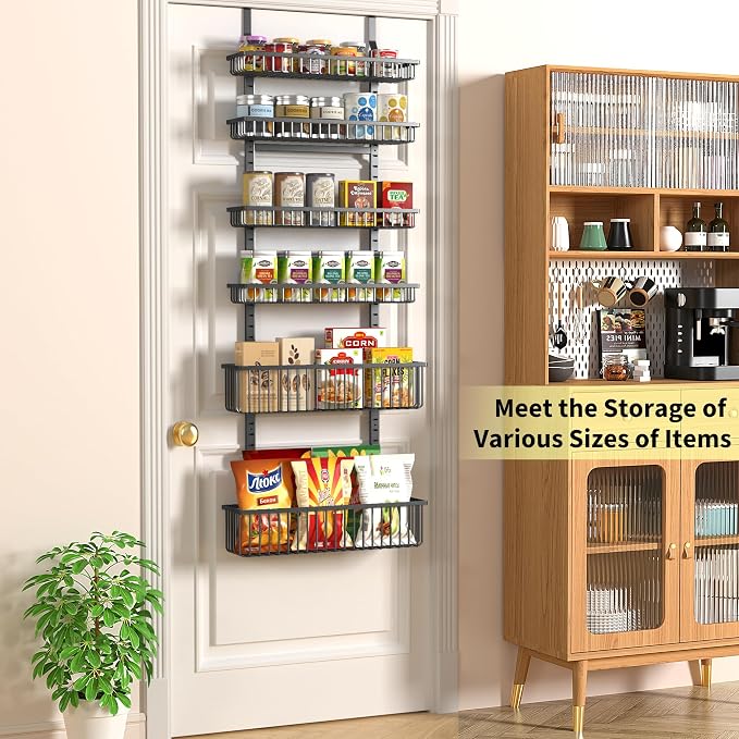 Moforoco 6-Tier Over The Door Pantry Organizer, Pantry Organization and Storage, Black Hanging Basket Wall Spice Rack Seasoning Shelves, Home & Kitchen Laundry Room Bathroom Essentials accessories