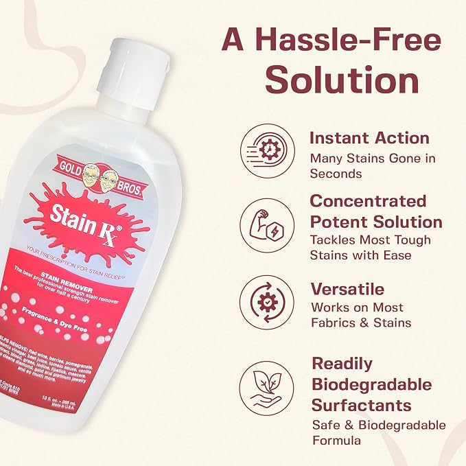 Stain Remover, Effectively Eliminates Stains Made in USA, 10 oz | Wine, Berries & Blood on Fabrics, Carpets, Upholstery & Jewelry, Dye-Free, Free from Bleach, Peroxides & Phosphates