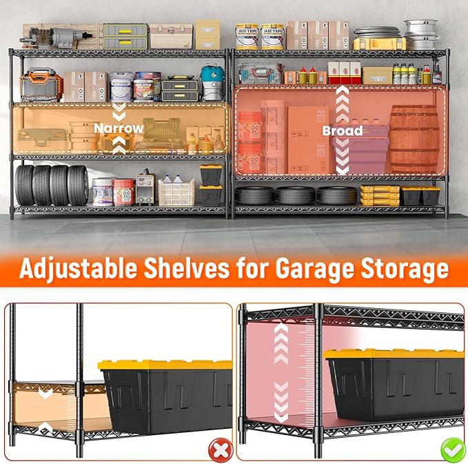 60" W Storage Shelves 2640 LBS Heavy Duty Garage Shelving, Adjustable Wire Shelving Metal Shelving with Liners, Fits 27-Gallon Totes, 60" W x 18" D x 68.4" H for Commercial Warehouse, Black
