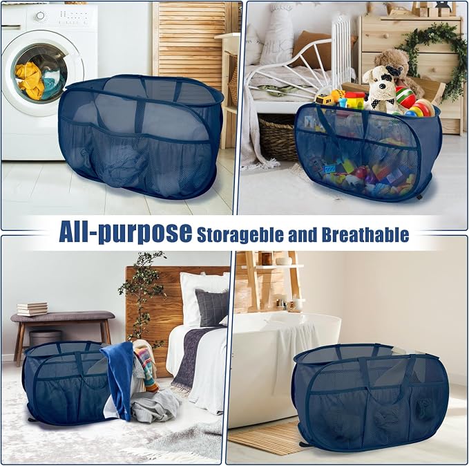 4 Pack Collapsible Laundry Baskets, Upgrade Pop Up Laundry Hamper with Convenient Bags, Foldable Laundry Basket Mesh Light Weight, Easy to Carry Clothes Hampers for Laundry, Dorm, Toys, Travel