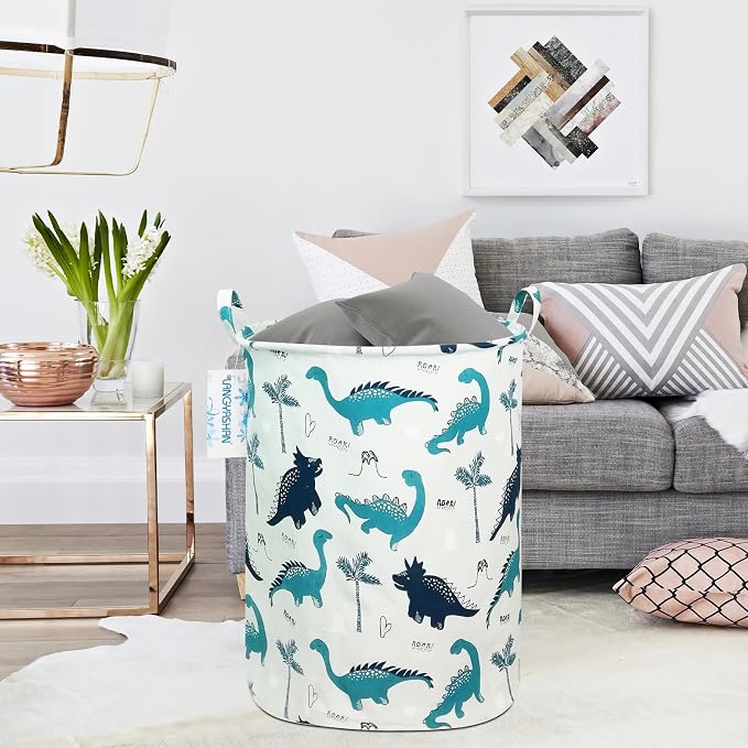 Round Laundry Basket Collapsible Storage Hamper Organizer Full Dinosaur | Waterproof Canvas Foldable Baskets with sturdy Handles Multi-scene Organizer for Home Play Bedroom Gift Bin